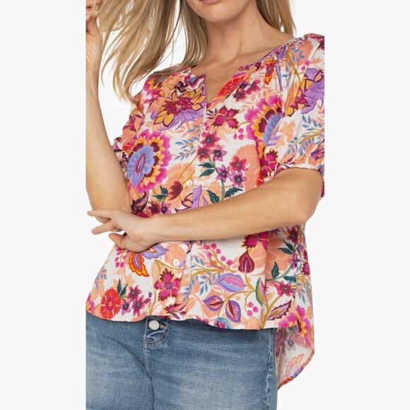 Liverpool Los Angeles Blouse Woven Floral Print Split V-Neck Short Sleeve Large - Picture 1 of 13